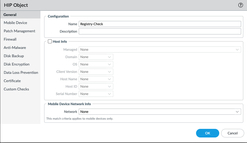 Snapshot displaying the HIP Object Dialog Box within PAN-OS