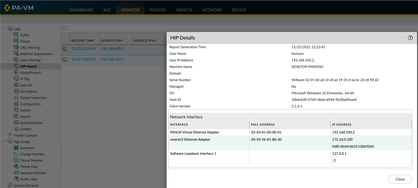 Snapshot displaying the HIP Match logs within PAN-OS