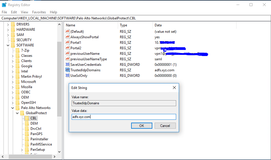 Captura de pantalla para la configuración del Registro