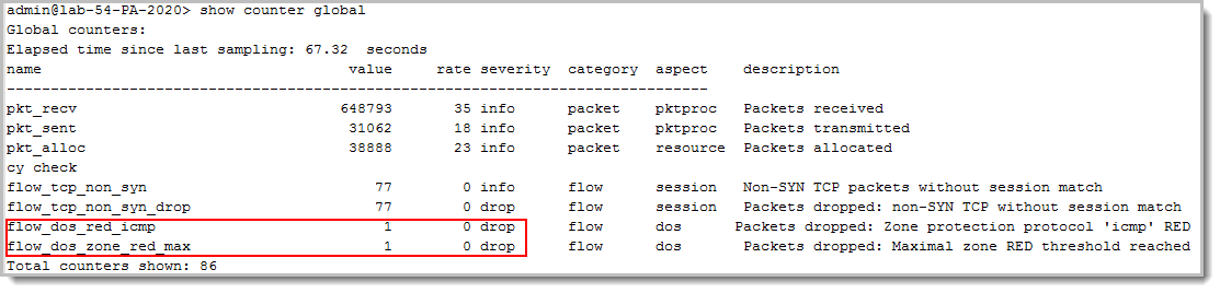 The show counter global command will give outputs for packets dropped by DOS protection. It is important to verify the receive and sent rates to verify how many packets are being dropped by this attack.