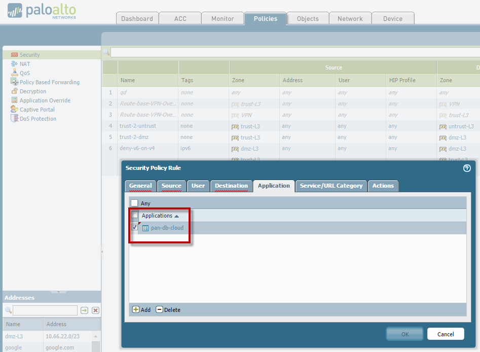 Modify or create a security rule allowing the application PANDB Cloud