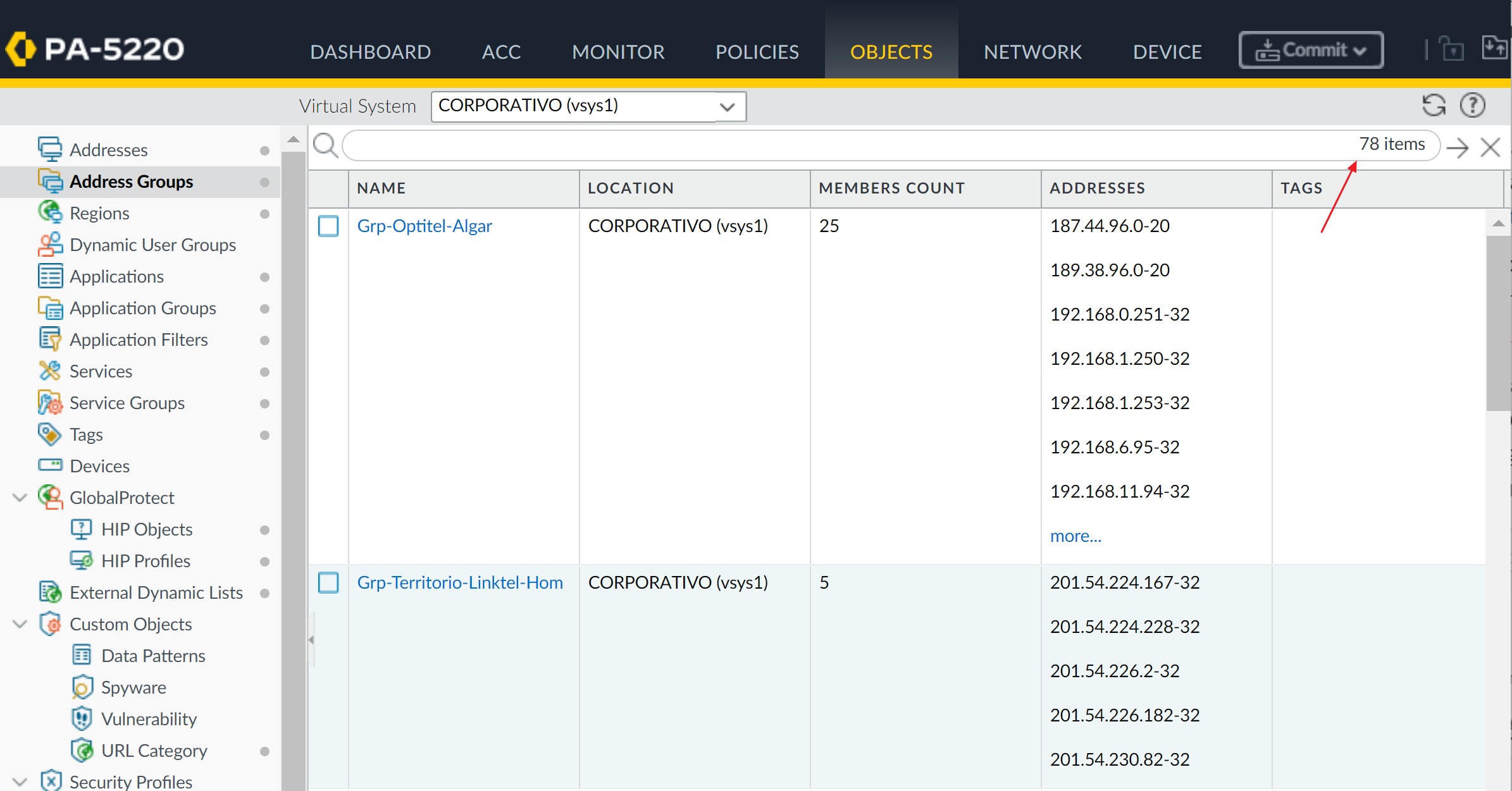 How to check the number of currently configured Address Group Objects.