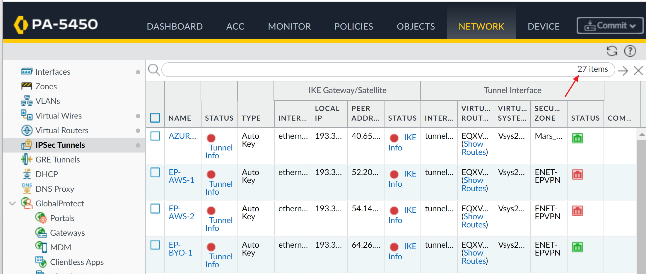 How to check the number of Items for IPSec tunnel configured.