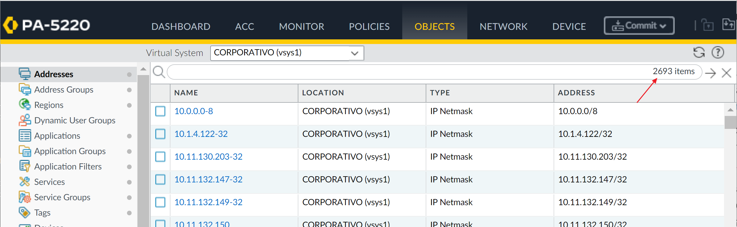 How to check the number of currently configured Addresses Objects.