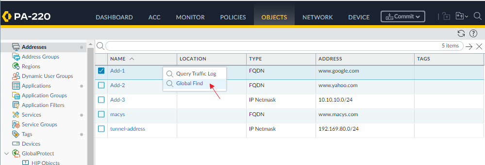 Finding the configuration use of a FQDN object