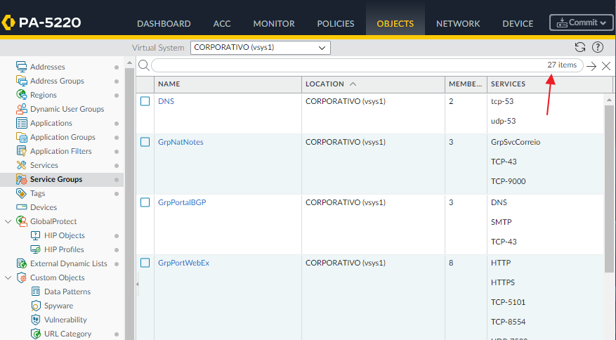 Cómo comprobar el número de objetos de grupo de servicio configurados actualmente.