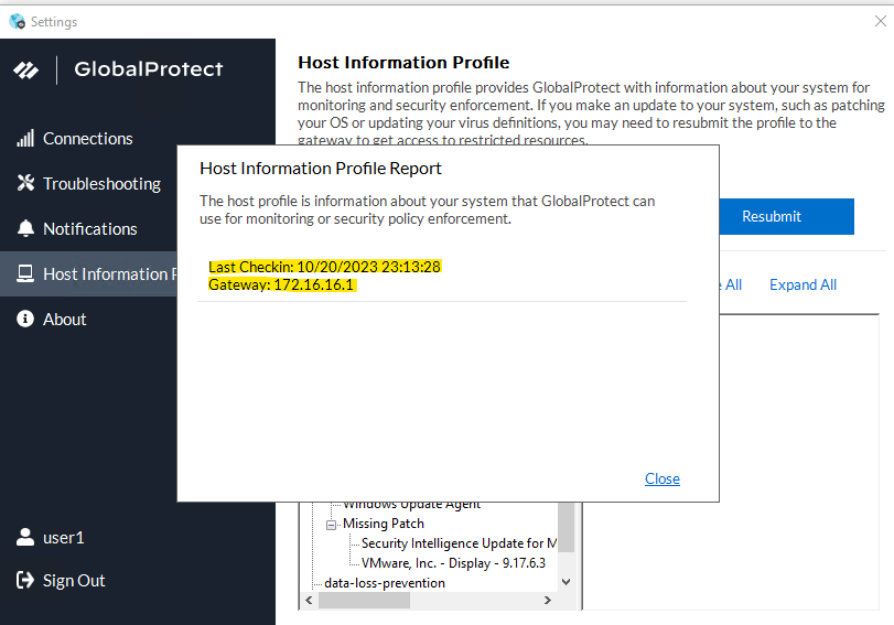 Screenshot für interne Gateway-Verbindung
