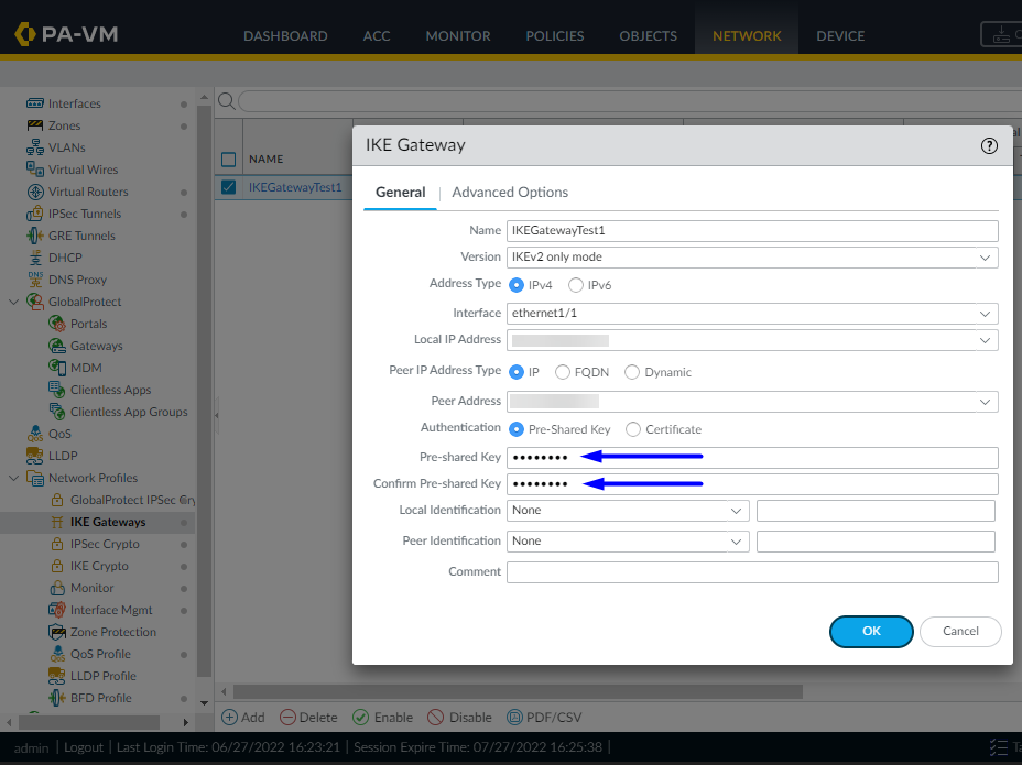 Web GUI que muestra la clave previamente compartida para IKE Gateway