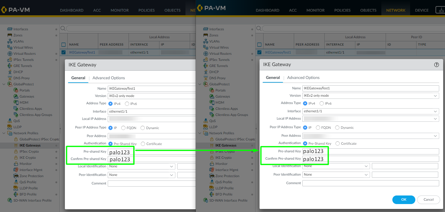 Web GUI affichant la clé pré-partagée correspondante bonne
