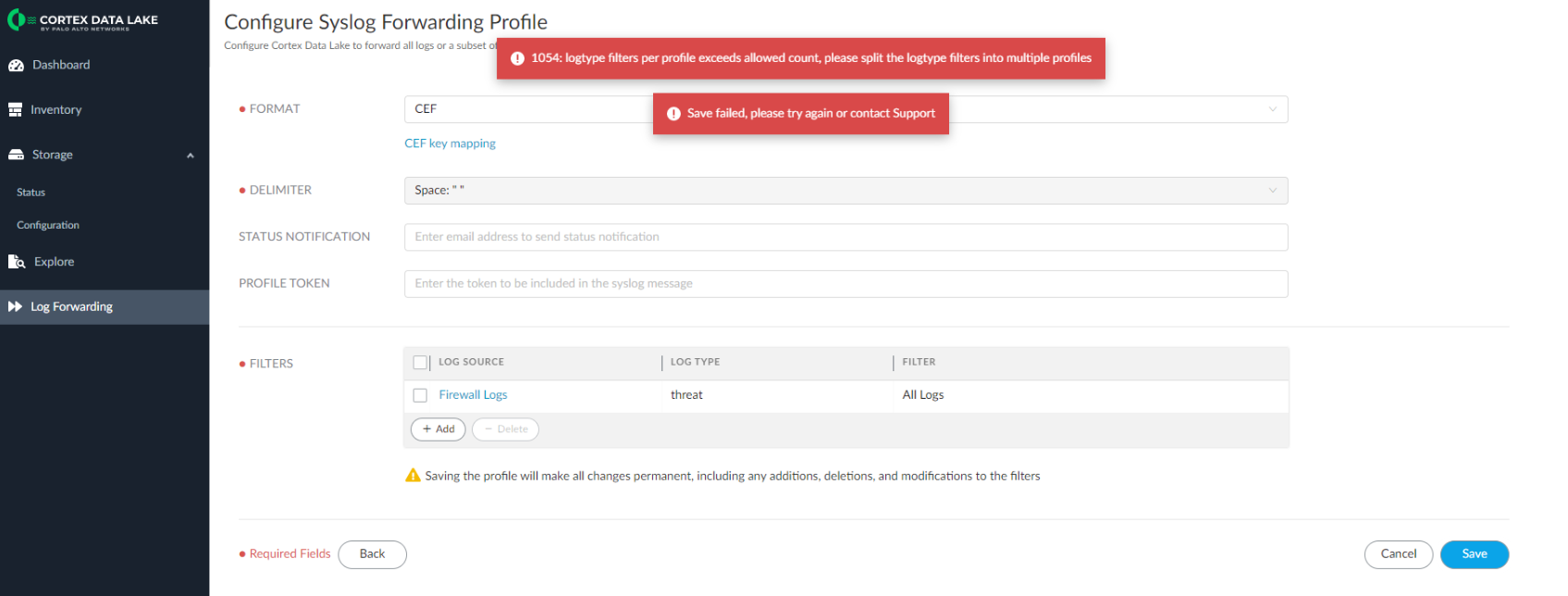 Mensaje de error de configuración del filtro LogType