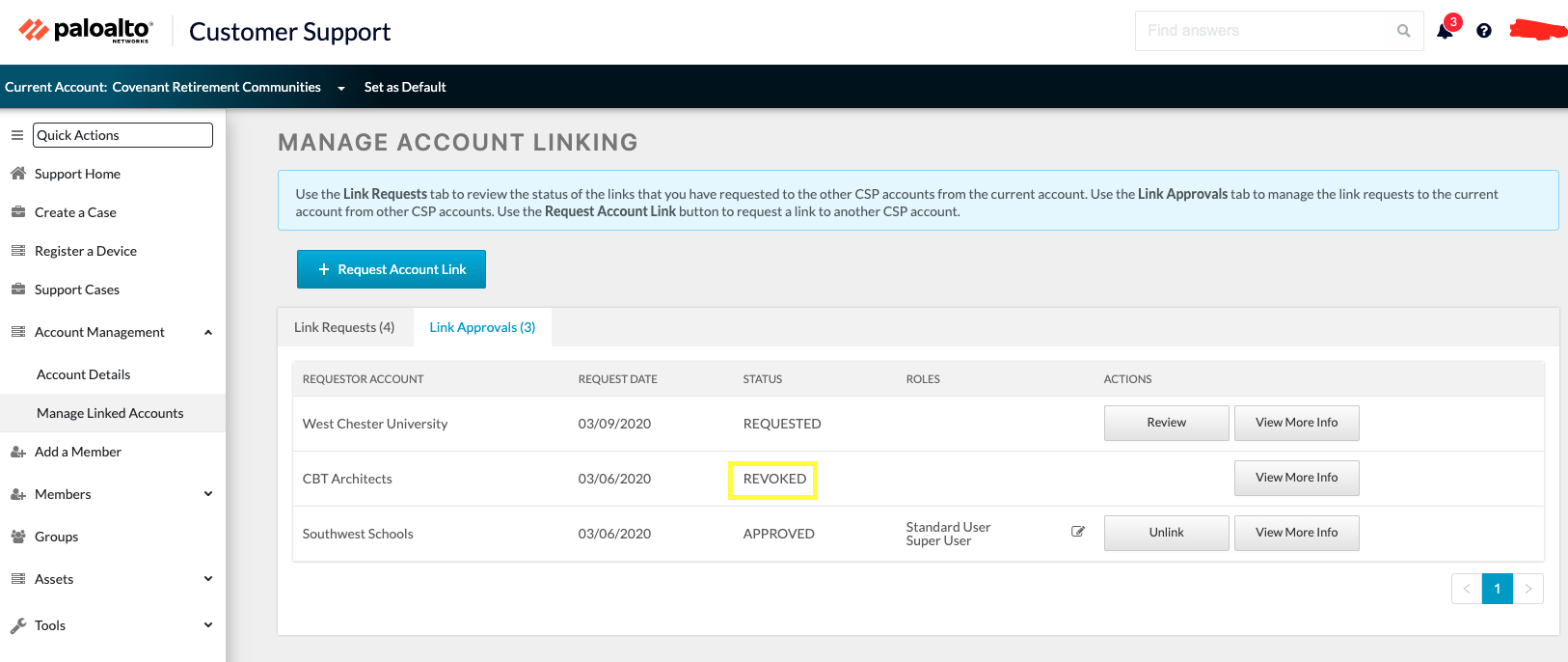 Gesperrter Status für ein Konto über die Registerkarte Verknüpfungsgenehmigungen auf der Verknüpfungsseite Konto verwalten