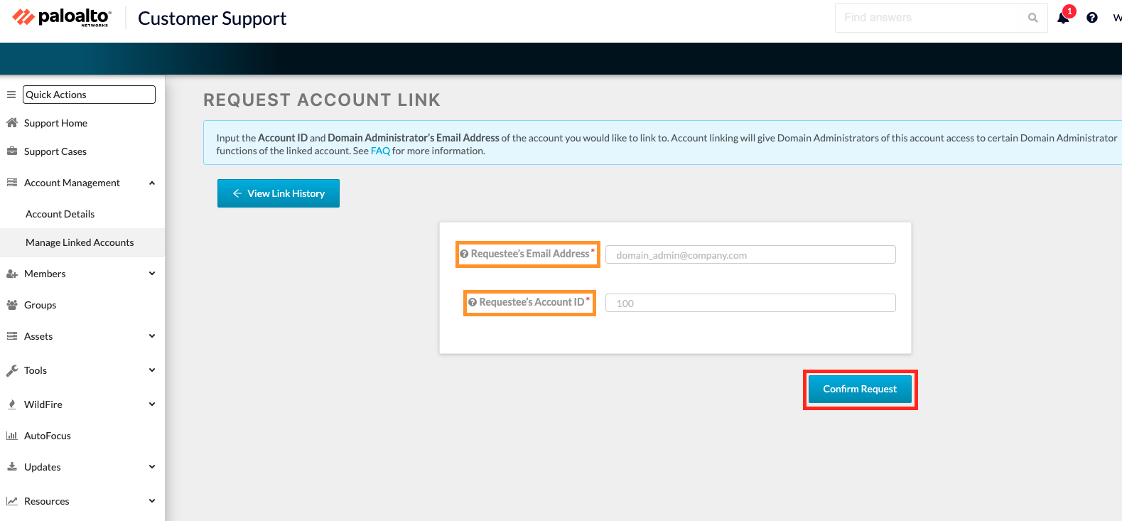 demander la page de lien de compte avec l’adresse e-mail et les champs d’identification de compte