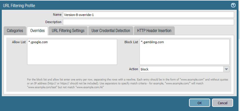 URL Filtering Profile Overide