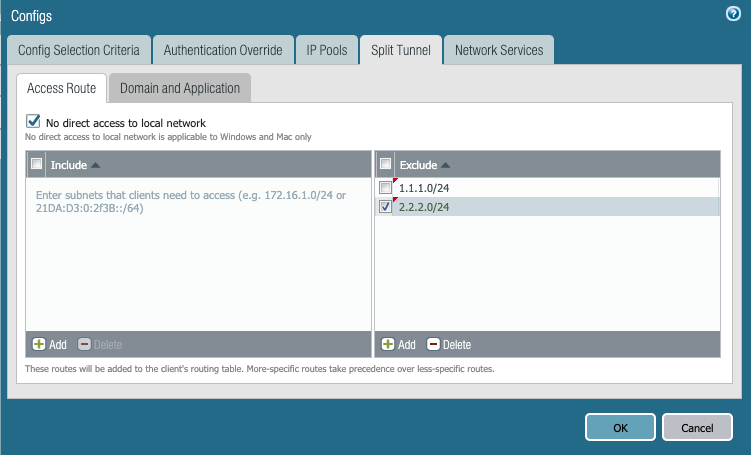 Screenshot displaying the optional settings to either include or exclude certain network's traffic from using the tunnel.