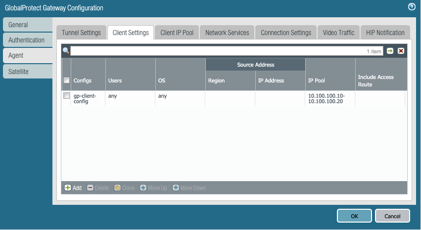 Captura de pantalla que muestra la lista de configuraciones de cliente dentro GlobalProtect de .
