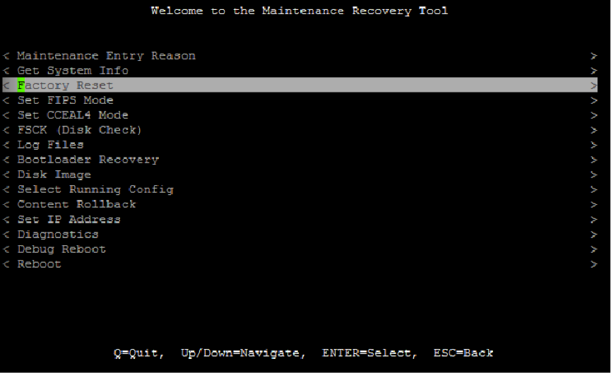 Screenshot von Willkommen beim Maintenance Recovery Tool mit Factory Reset hervorgehoben