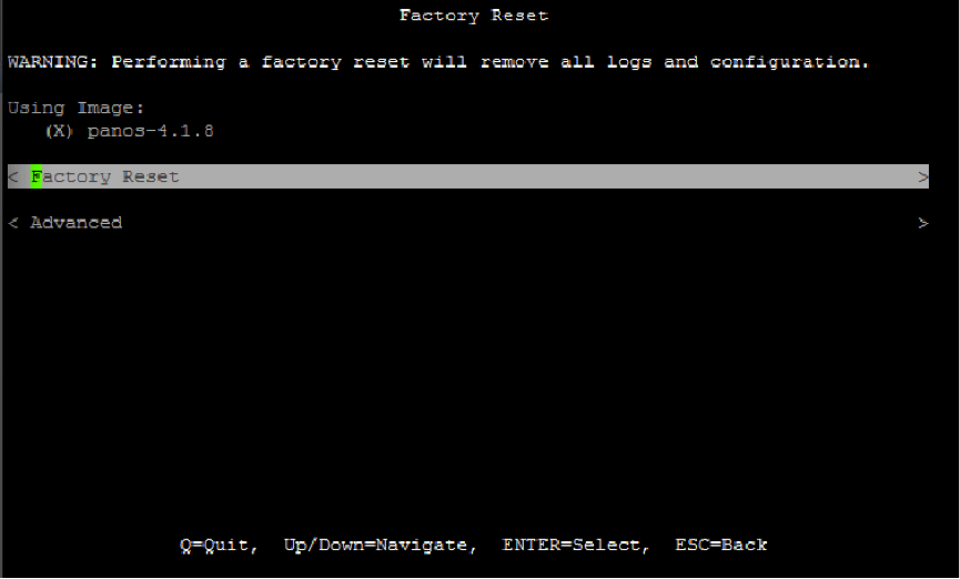 Screenshot der Factory Reset-Seite