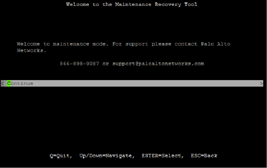 Captura de pantalla de Bienvenida a la herramienta de recuperación de mantenimiento con Continuar resaltado