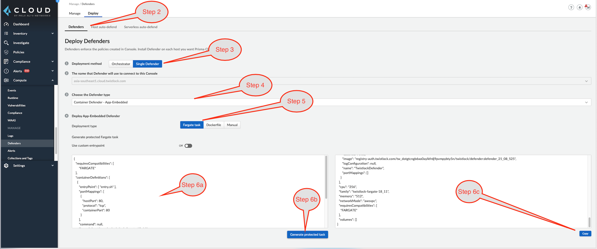 CLOUD 步骤 2 部署防御者 步骤 3 步骤 6a 步骤 4 步骤 5 步骤 6b 步骤 6c