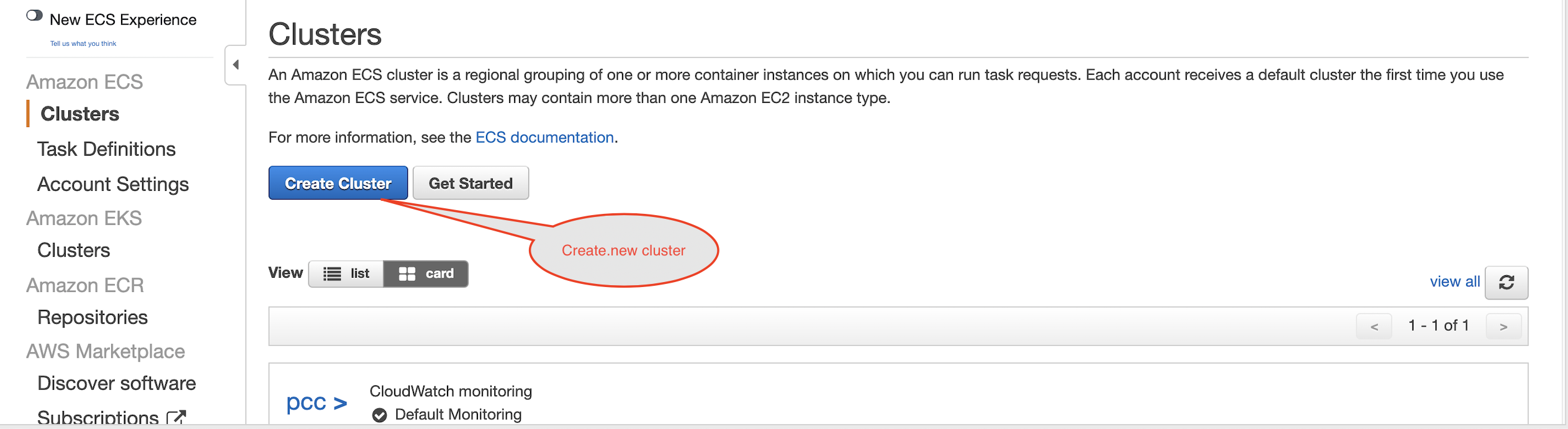 D Nouveaux ECS clusters d’expérience Un cluster Amazon ECS est un regroupement régional d’une ou plusieurs instances de conteneur sur lequel vous pouvez exécuter des demandes de tâche. Chaque compte reçoit un cluster par défaut la première fois que vous utilisez Amazon le service Amazon ECS ECS . Les clusters peuvent contenir plusieurs types d’instance Amazon EC2. Clusters Pour plus d’informations, consultez la ECS documentation. Définitions des tâches Paramètres de compte Liste EKS Amazon Clusters Amazon ECR Repositories AWS Marketplace Découvrez le logiciel ubscriotio Créer une vue de cluster Mise en route Create.new carte de cluster Afficher tout I-la surveillance lofl CloudWatch Surveillance par défaut de > CCP