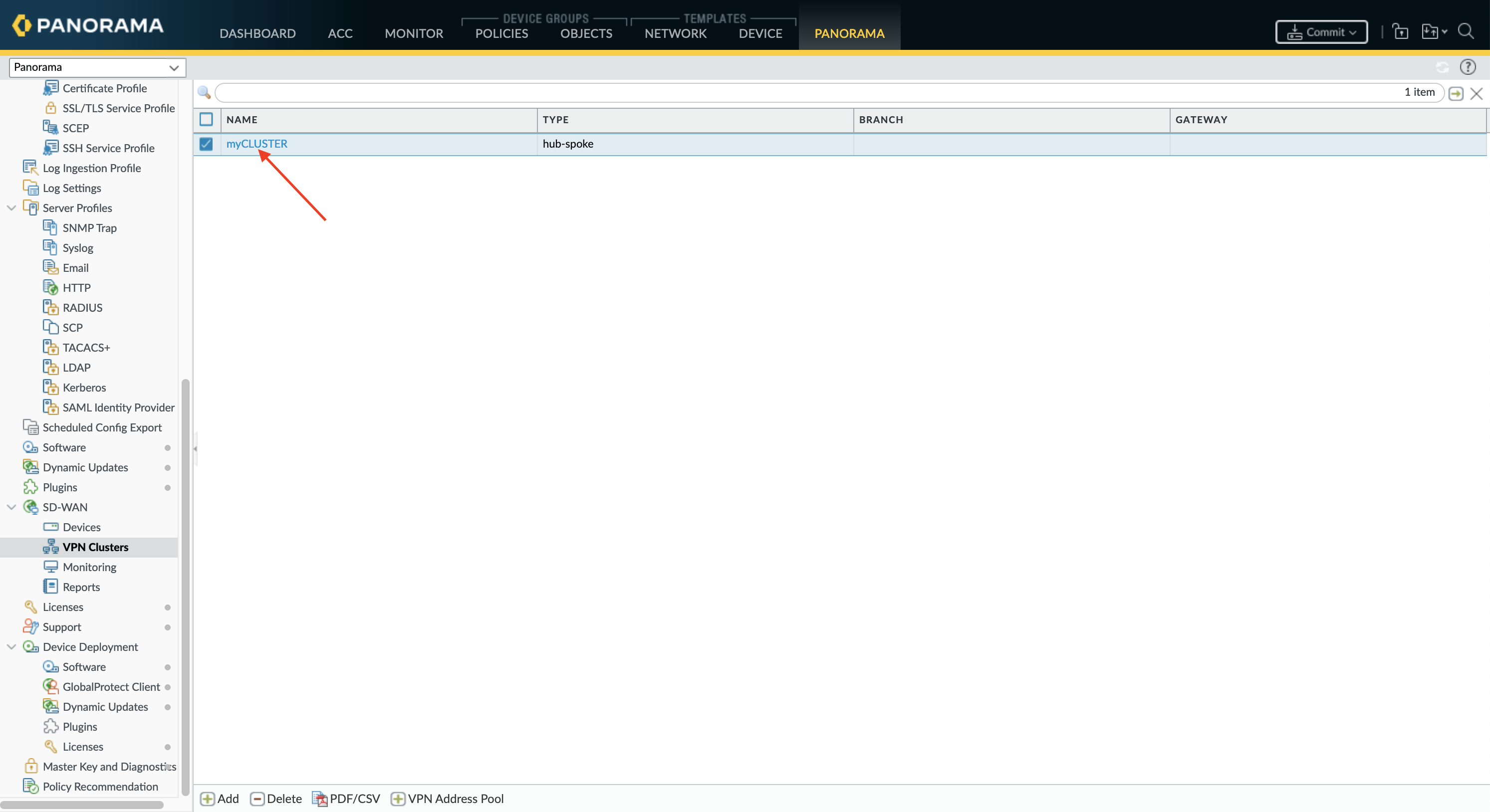 Bearbeiten des VPN Clusters