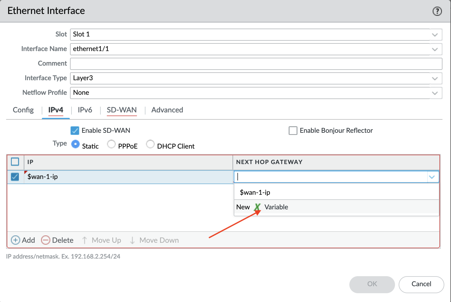 Establecer la variable para la puerta de enlace del siguiente salto