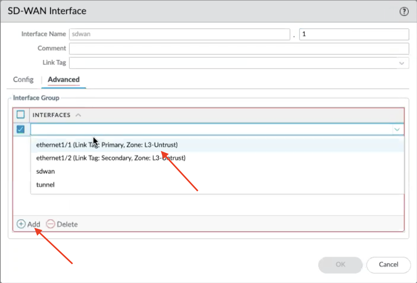 Sélectionnez les interfaces à utiliser dans le SD-WAN bundle