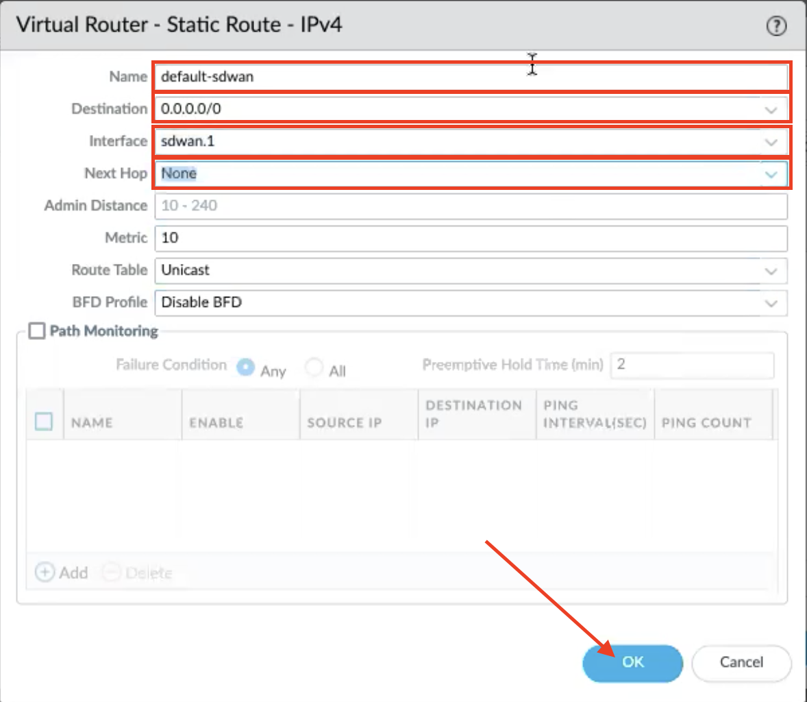 Définir l’itinéraire par défaut