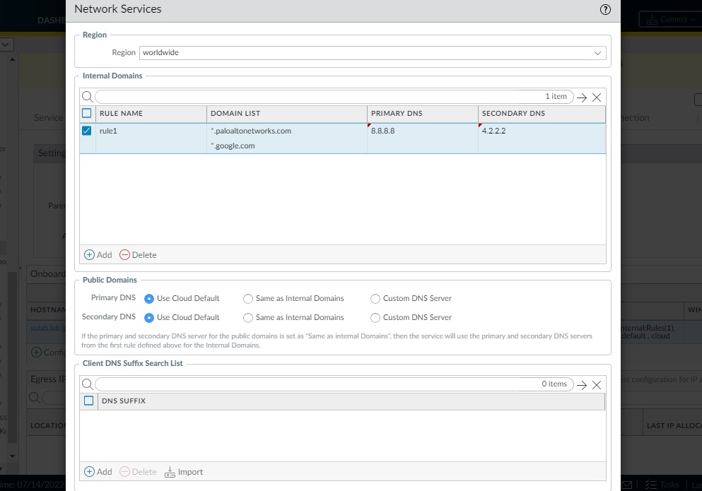 Prisma access onboarding network services