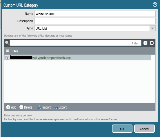 Snapshot of Custom URL category dialog box