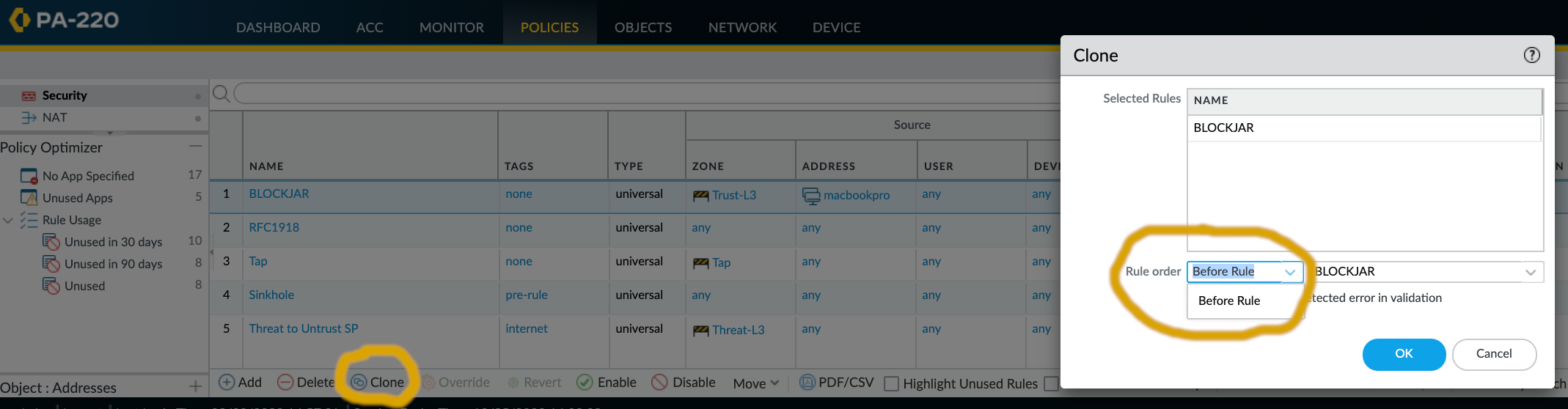 Clone the rule and place the new one on top of the currently matched rule.