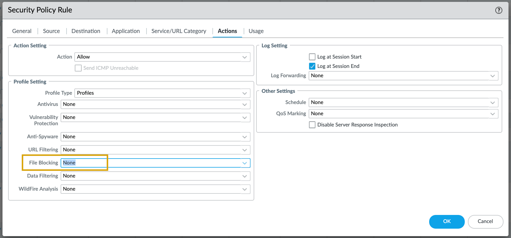 Select None for File Blocking, or a profile that does not block the file-type that needs to be allowed.