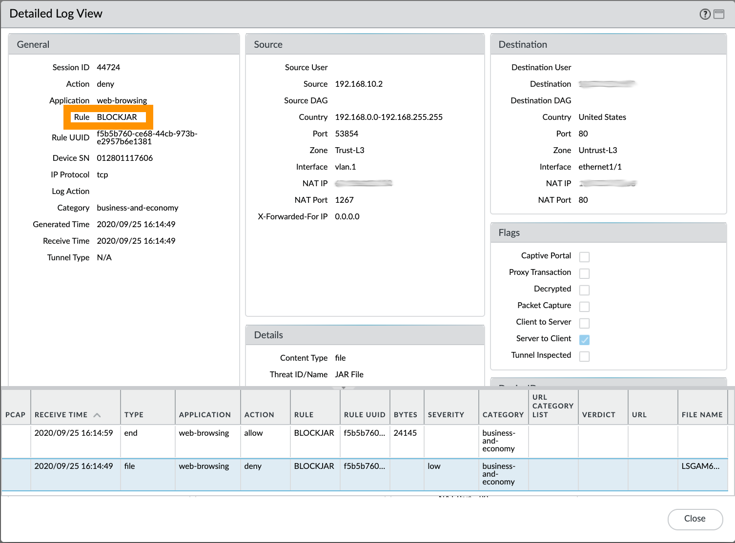 Identifiez le nom Policy de la règle de sécurité lié au profil de blocage de fichiers configuré pour bloquer ce type de fichier.