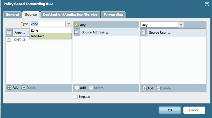 Under Policies > Policy Based Forwarding > Source > Type, zone is not supported as source when next hop address list is used, use Interface instead.