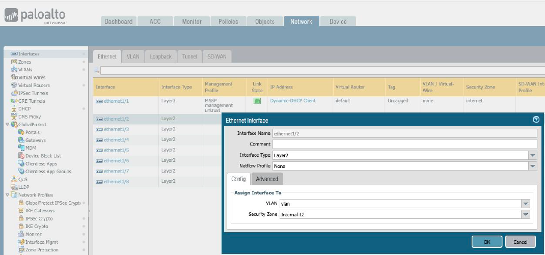 Change ports ethernet1/2 through ethernet 1/8 to be Layer 2 and assign all of them to the new L2 zone created above.