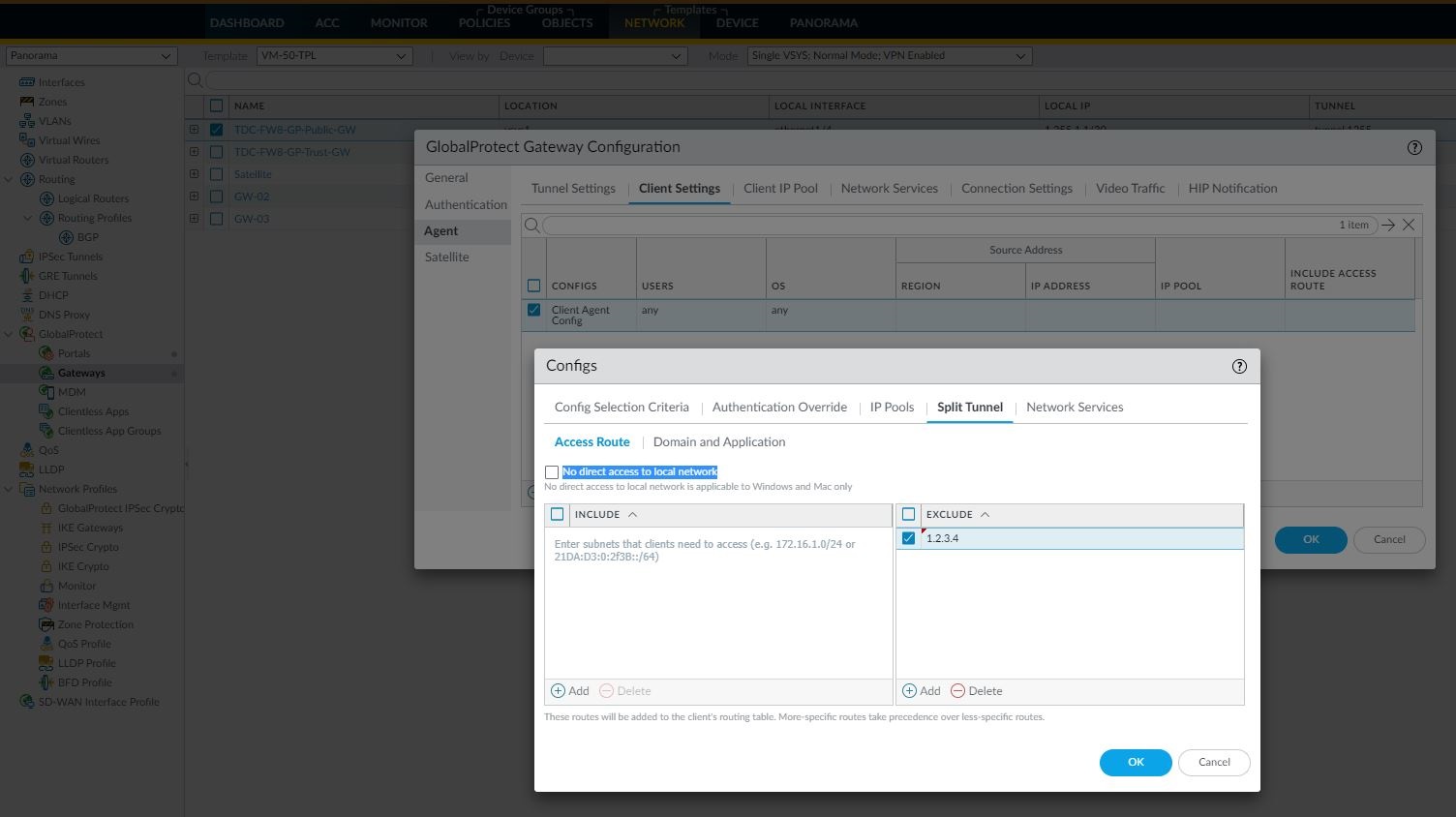 Gateway configuration to Exclude an IP