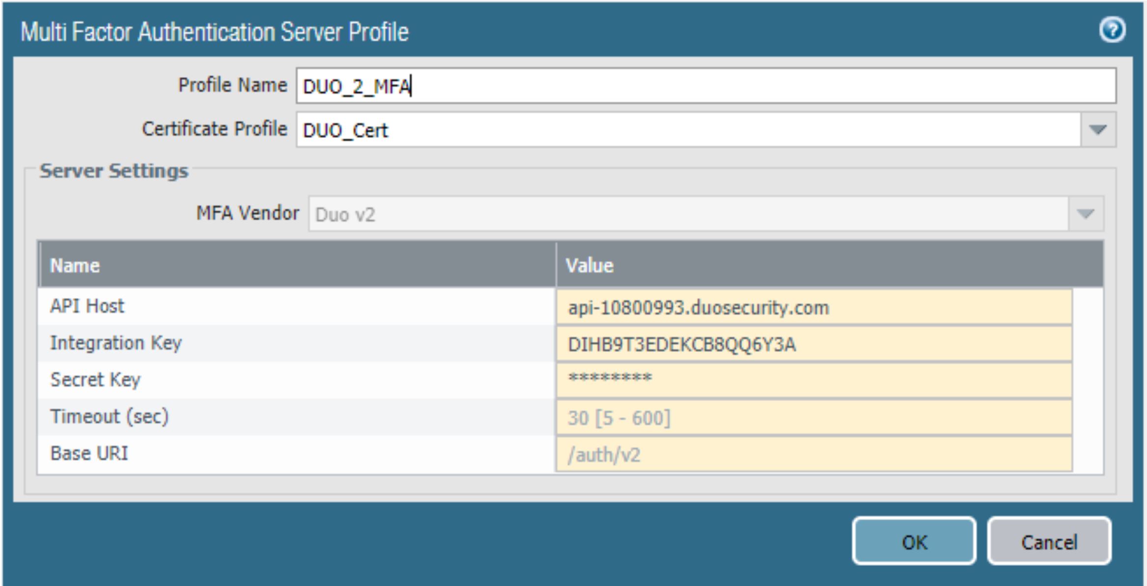 This image shows Multi Factor Authentication Server Profile