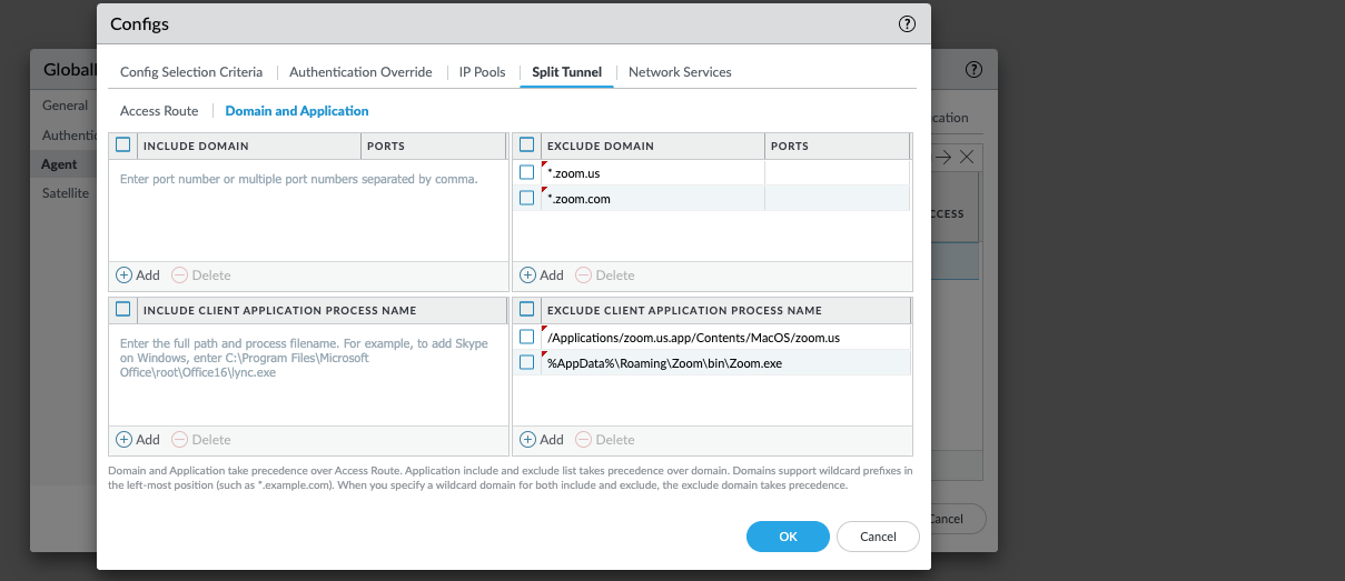 Snapshot displaying the split tunnel domain dialog box