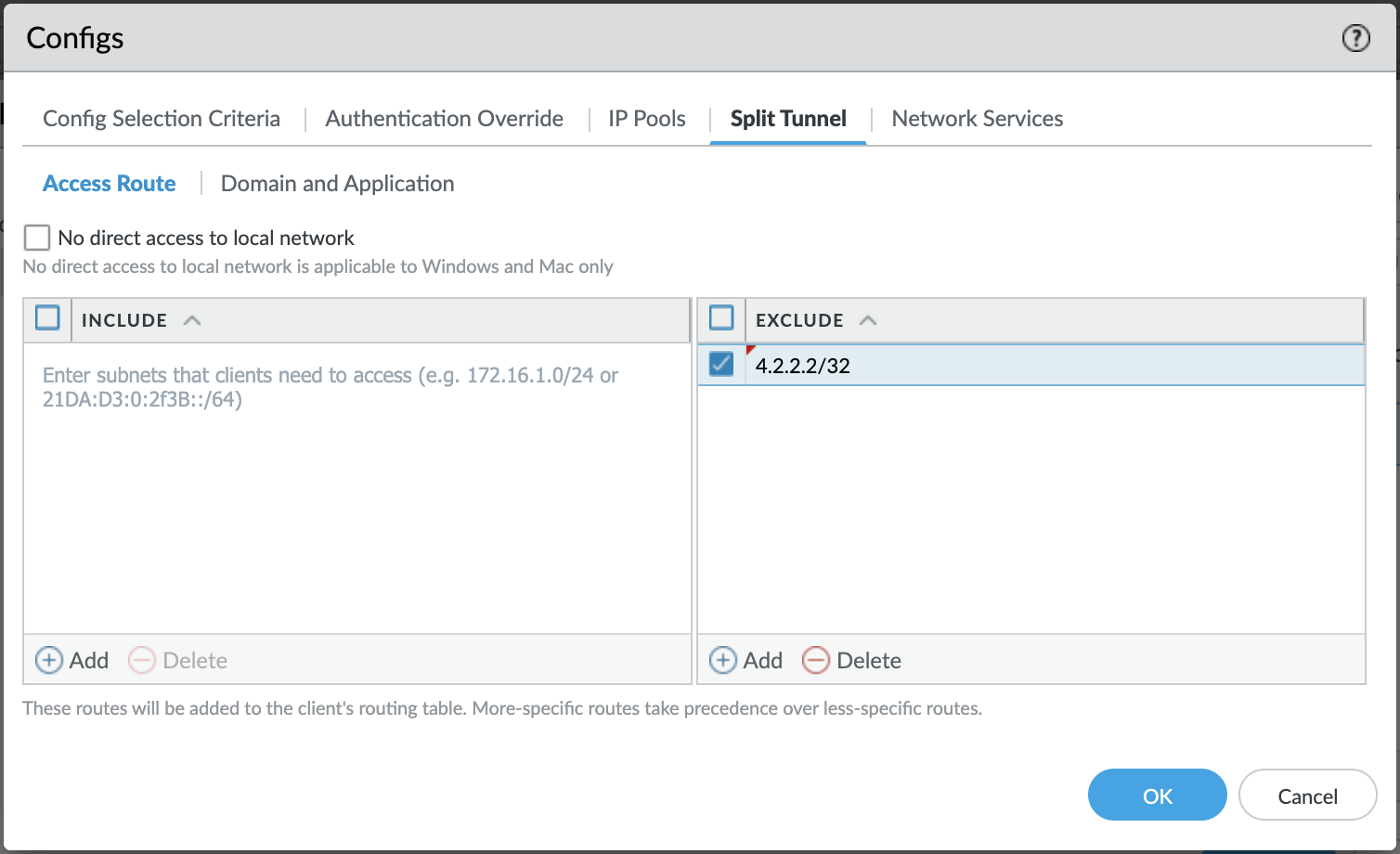 Snapshot displaying the split tunnel access route dialog box