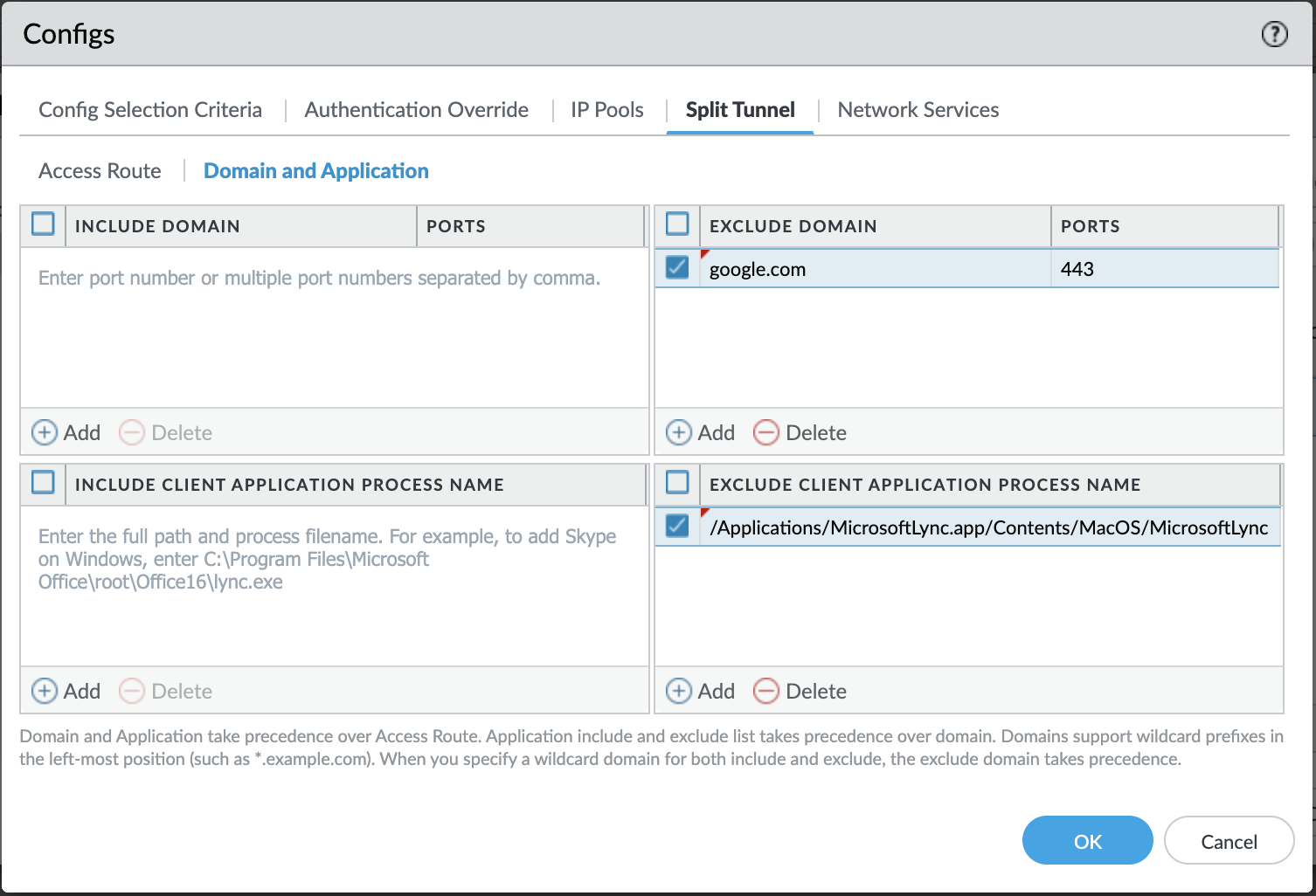 Snapshot displaying the split tunnel domain dialog box