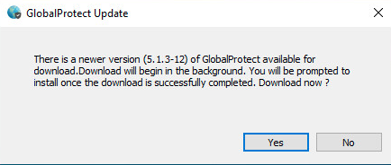 Screenshot displaying the GlobalProtect Agent update dialog box on the Windows 10 host.