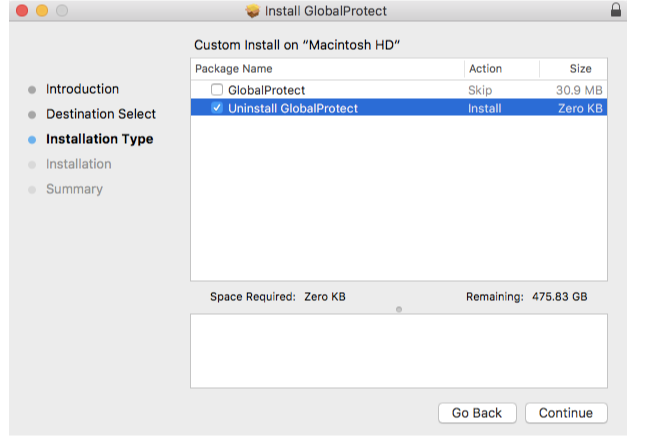 Snapshot showing the Installation Type tab of the GlobalProtect App installation dialog box.