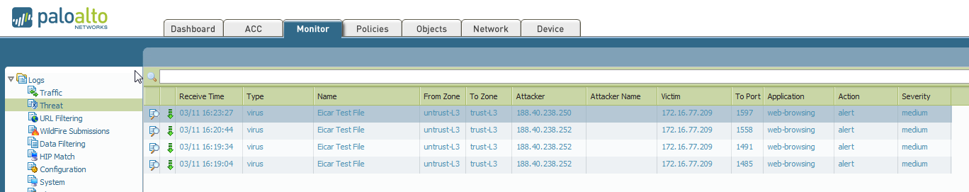 Threat log showing eicar file being detected
