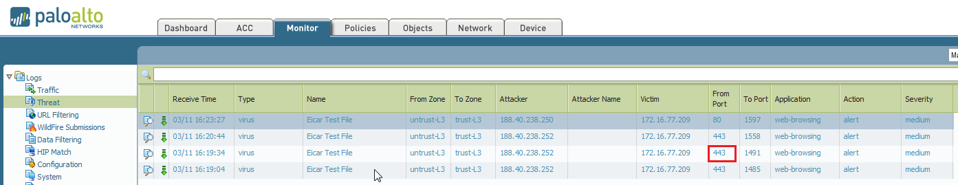 Output of the threat logs