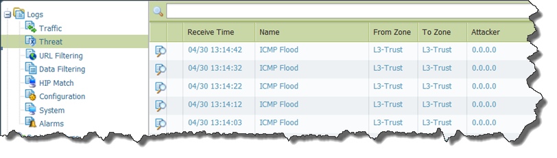 ICMP protección contra inundaciones fue activada por la Protección de policy Zona.