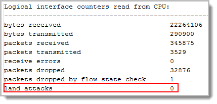 show interface ethernet1/1 は LAND 、ゾーン保護に関連する "攻撃" を含むそのインターフェイスの統計情報を表示します