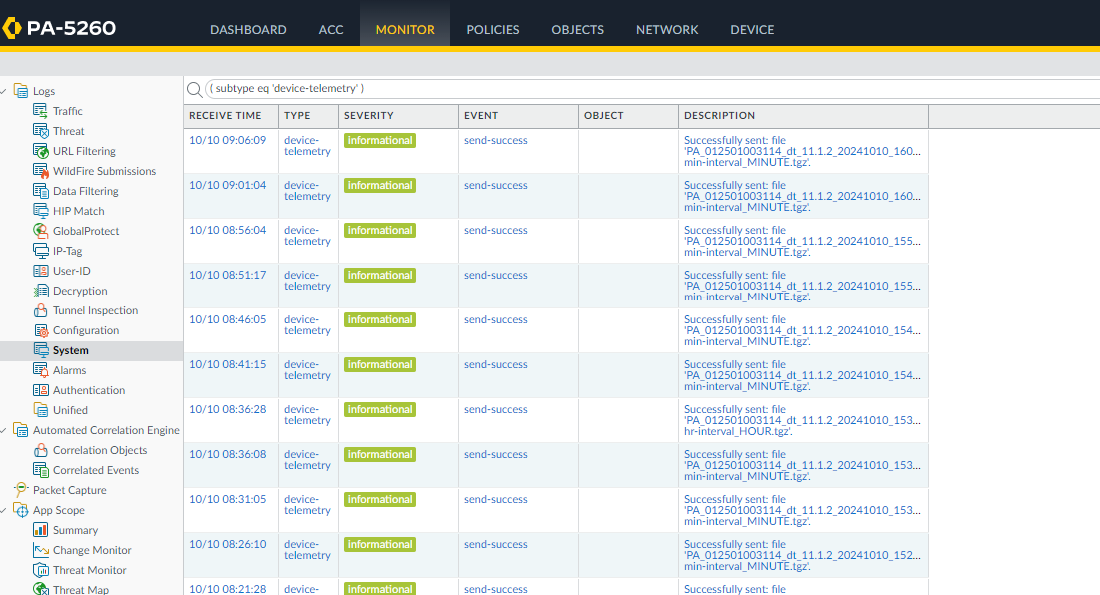 system log for delayed telemetry data