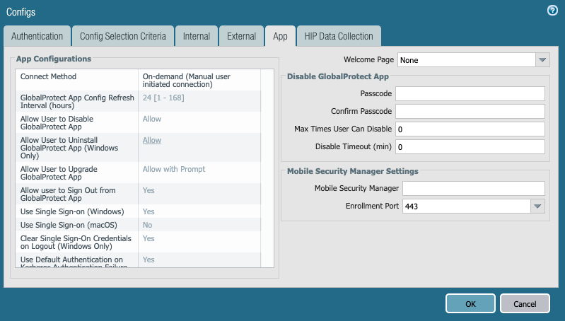 Snapshot of the default App settings for the Portals