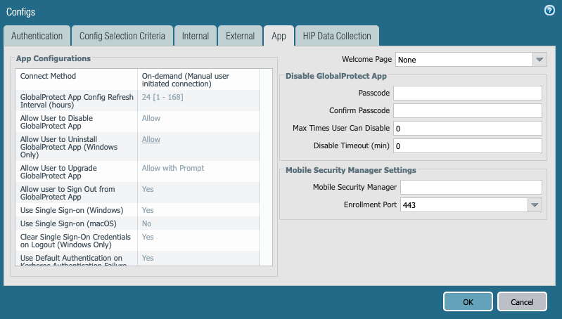 Instantánea de la configuración predeterminada de la aplicación para los portales