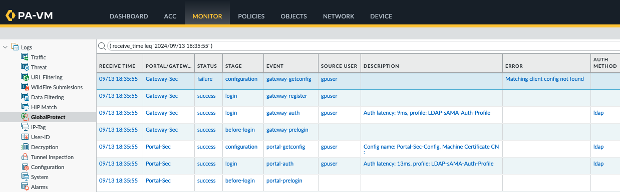 GlobalProtect Logs under Monitor tab